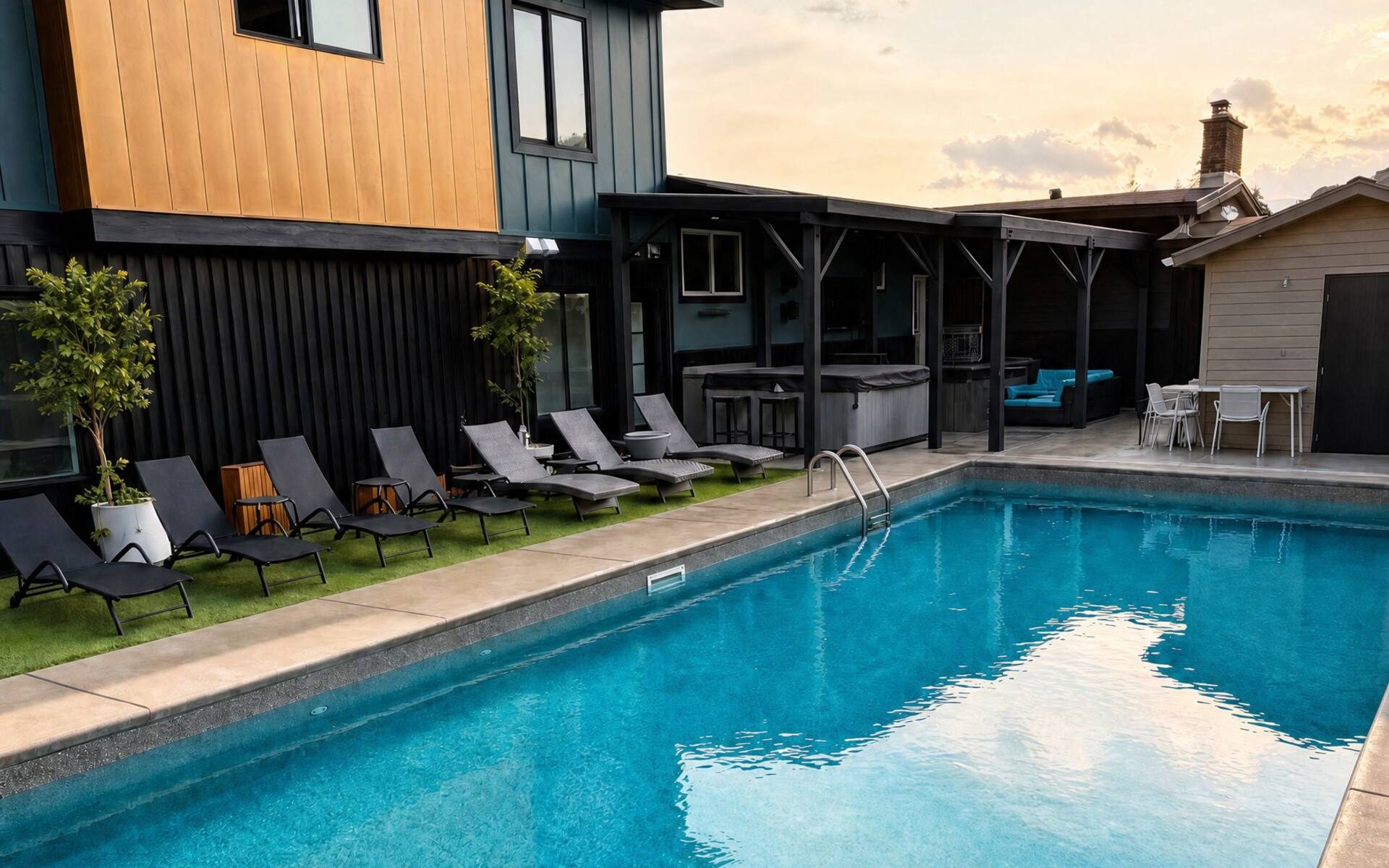 The Grand Oasis heated pool and backyard at golden hour